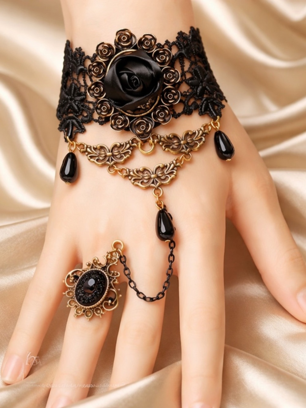 Black Lace Charm Bracelet with Adjustable Ring Size #1016